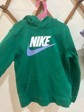 Nike Green Kids Hoodie with White Logo and Purple Swoosh